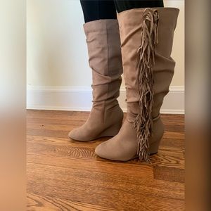 Tan Tall Wedge Boots with Fringe